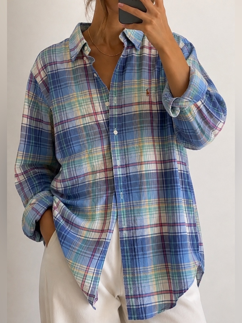 Ralph Lauren Plaid Button Down Shirt Size Medium Relaxed Oversized Blue Green